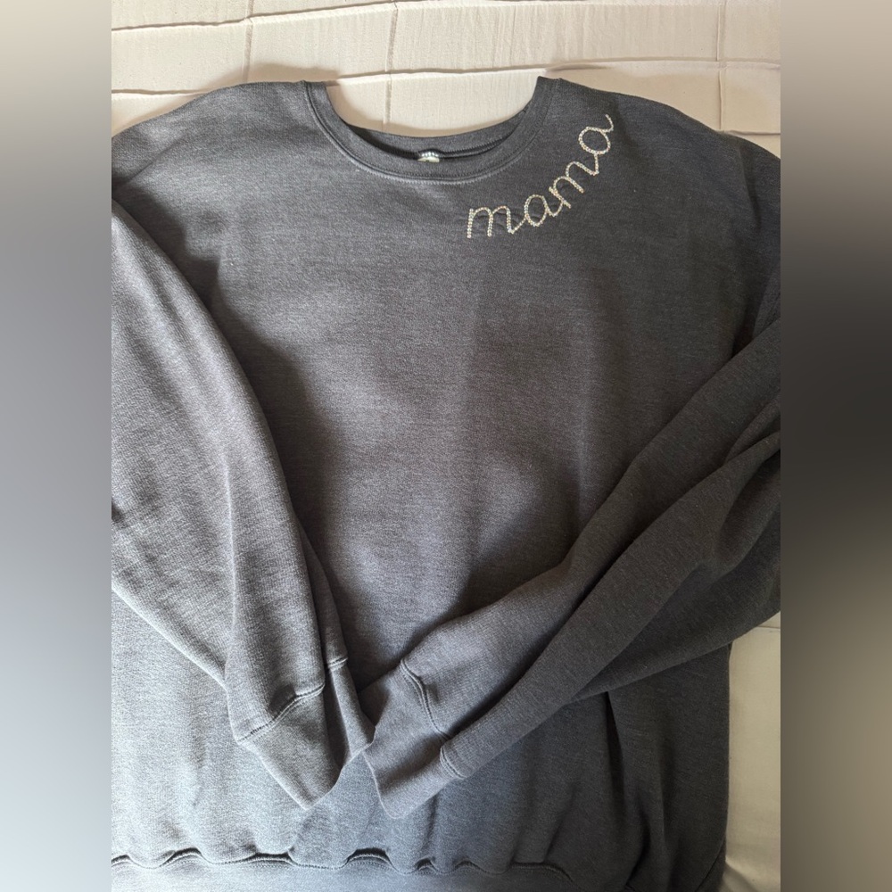 Mama Dark Gray Crewneck Sweater with Embroidery